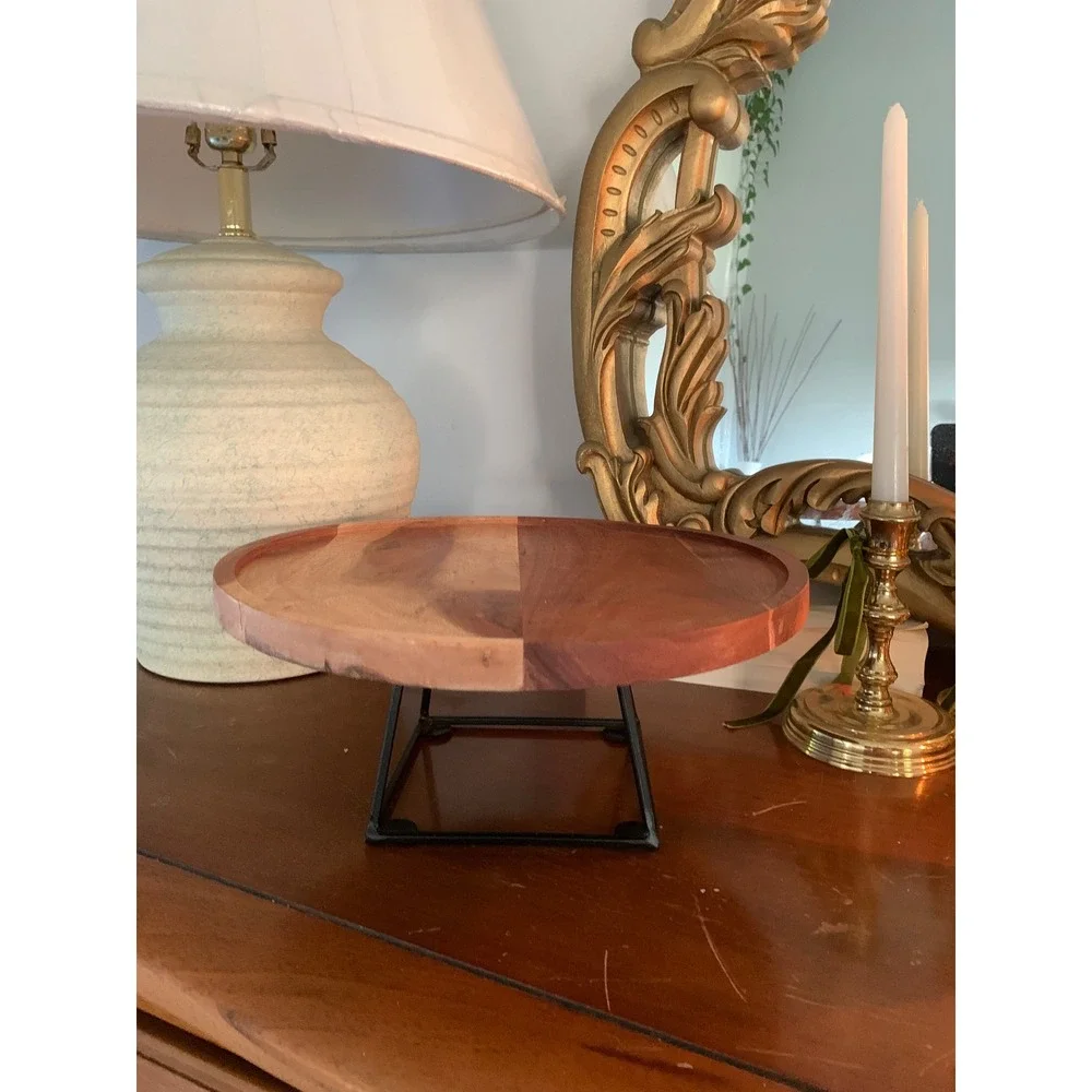 Acacia‎ Wood Cake Stand Pedestal Tray Black Metal Base 12 Inch Round Two-Tone